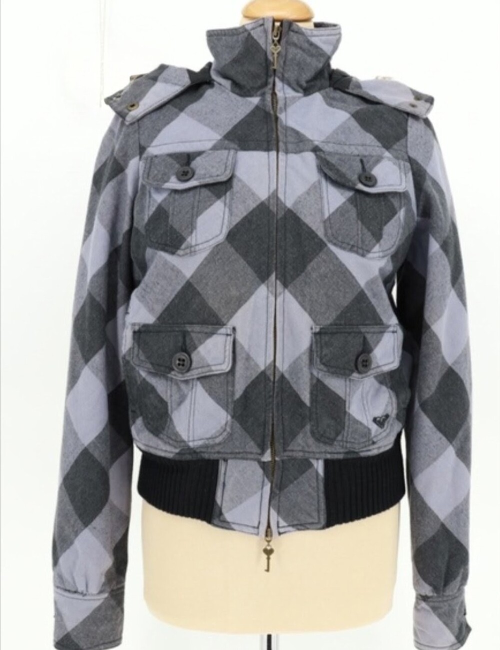 Roxy‎ Gray Checkered Bomber Jacket Size Medium